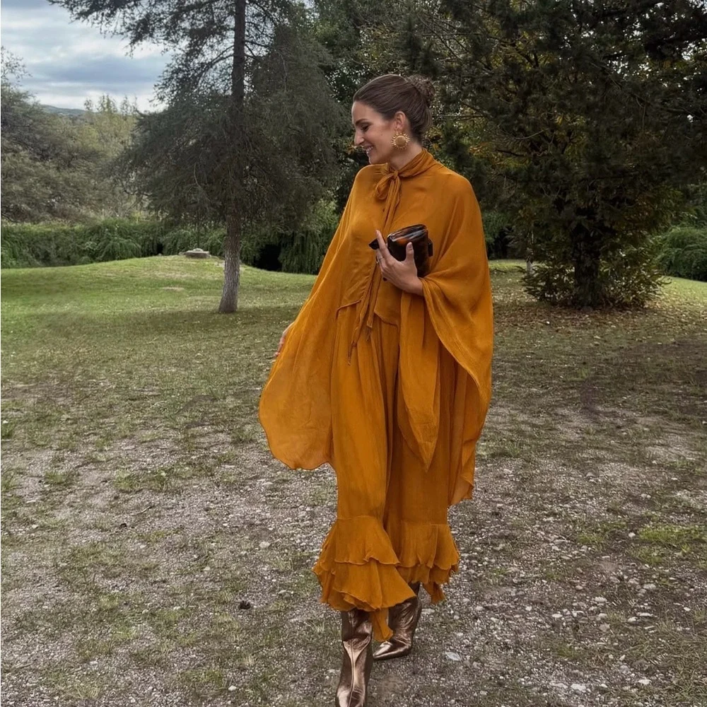 Zara dress maxi cape mustard yellow flowy kimono kaftan boho summer - Picture 3 of 11